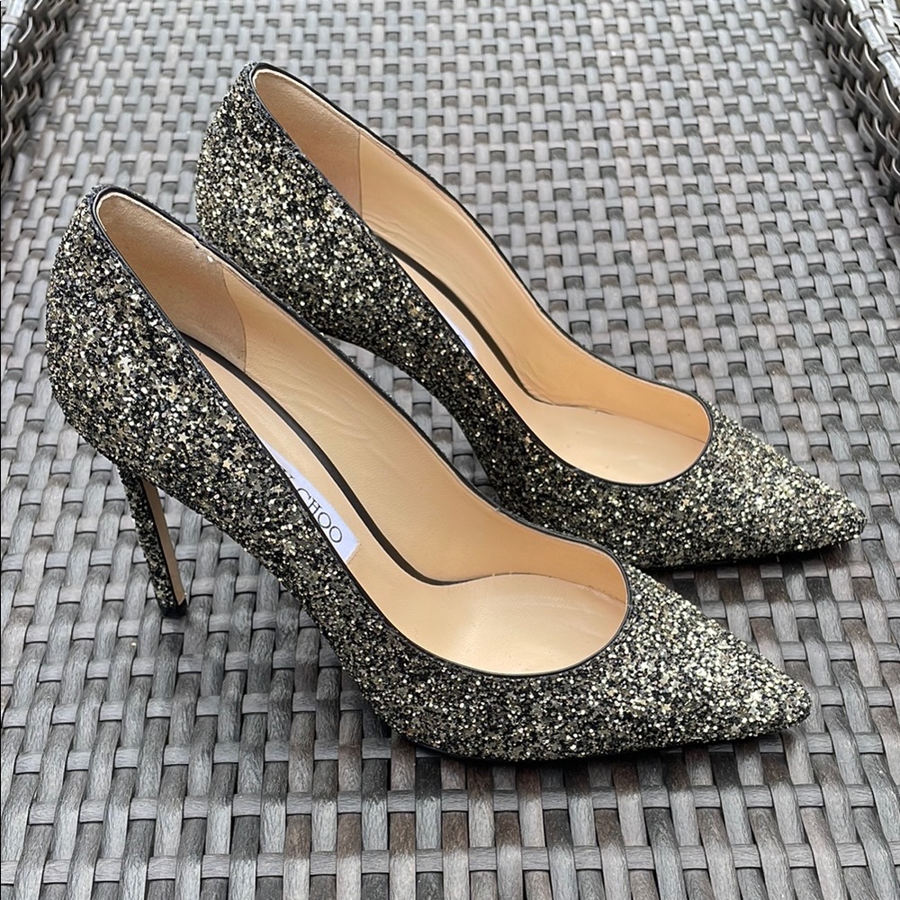 Jimmy Choo Glitter Pumps - Black & Gold w Box
